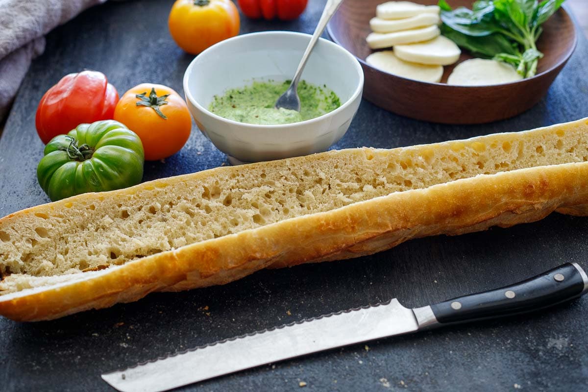 making the caprese sandwich