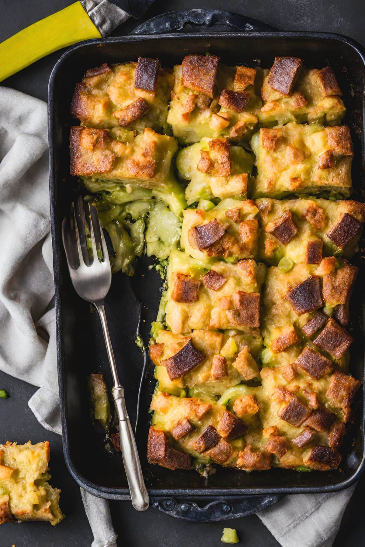 Savory Bread pudding in a baking dish 