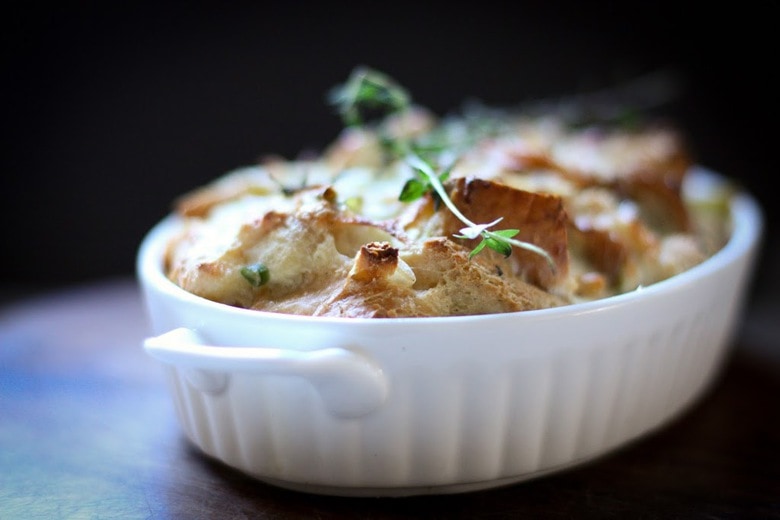 Our Best Thanksgiving Side Dishes: Savory Leek Bread Pudding with Gruyere and Thyme - a delicious side dish, perfect for the holiday table. #leek #leekrecipes #breadpudding #side #sidedish #thanksgiving | www.feastingathome.com