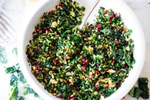 Kale and Farro Salad with Almonds and Pomegranate Seeds