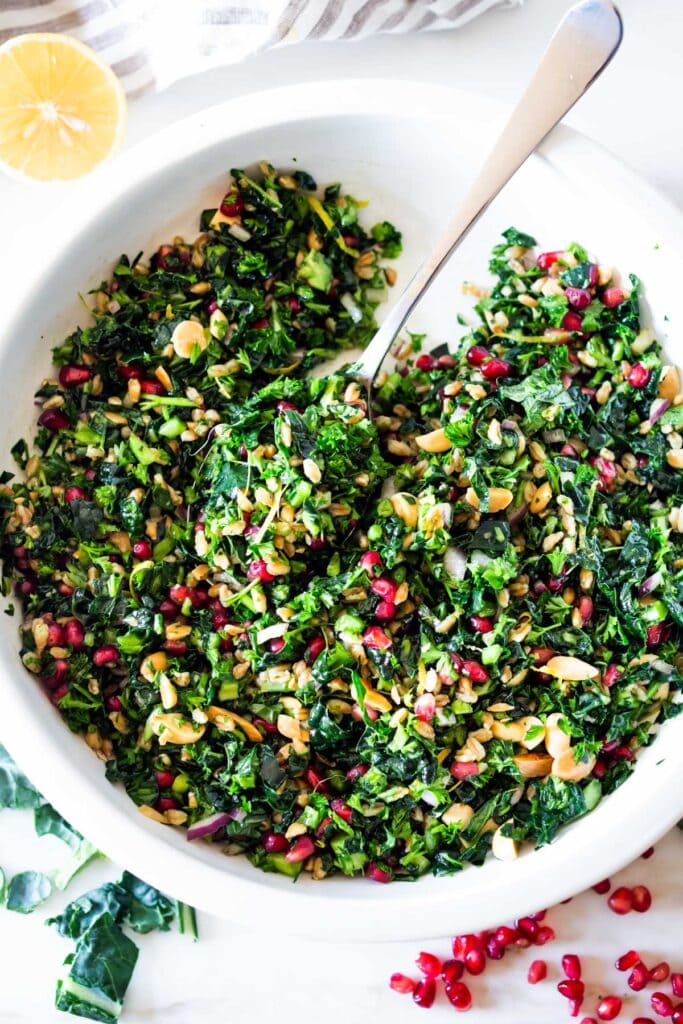 Farro Salad with Kale, Almonds and Pomegranate Feasting At Home