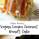 One Bowl Vegan Meyer Lemon Coconut Bundt Cake...SO easy and delicious! Make this in one bowl, and pour and bake! #vegan #bundt #Bundtcake #lemoncake #vegancake www.feastingathome.com