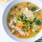 This Chicken Orzo Soup is enhanced with lemon, coriander and dill. Bright and springy, this soup is tangy, light and delicious!