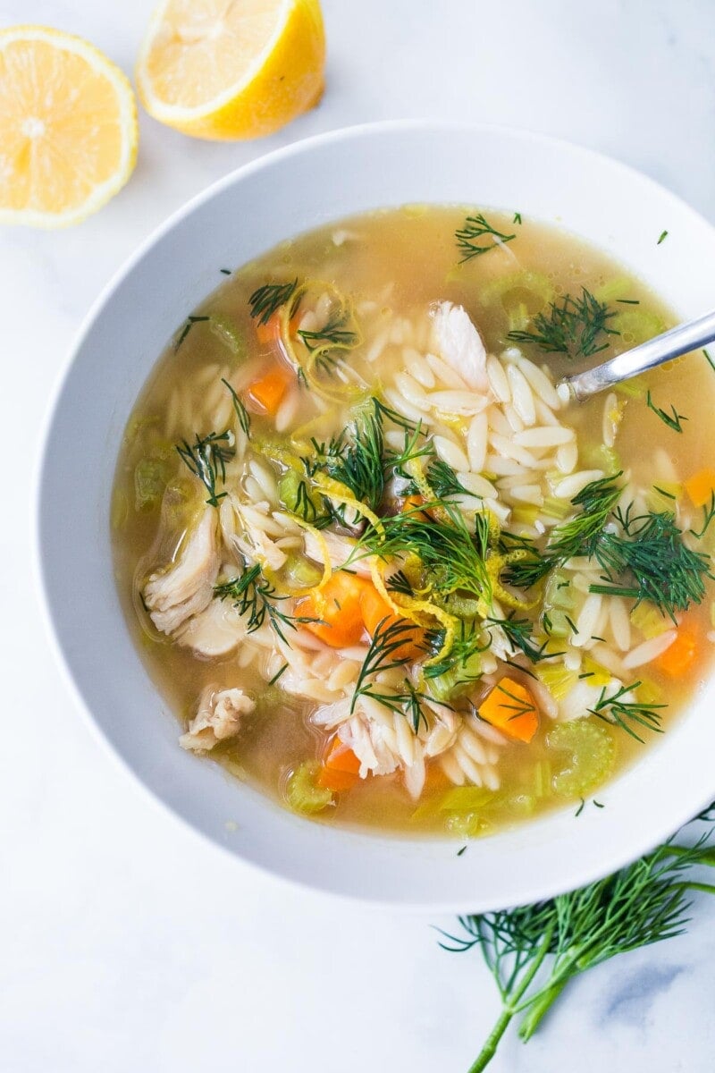 This Chicken Orzo Soup  is enhanced with lemon, coriander and dill. Bright and springy, this soup is tangy, light and delicious! 