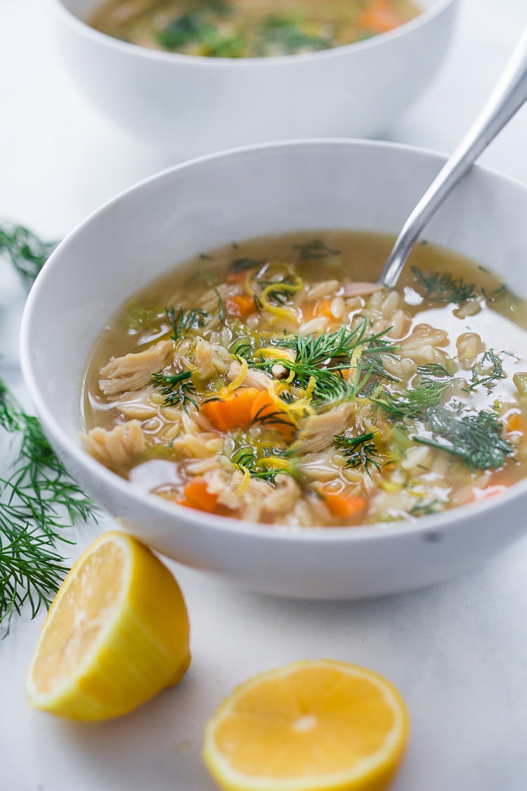 Lemony Chicken Orzo Soup with Dill- a simple easy recipe that can be made with leftover chicken. Healthy, zesty and flavorful! #chickenorzosoup #orzo #chickensoup #dill #orzorecipes #recipe #healthyrecipe #broth