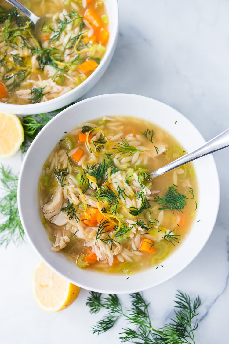 Lemony Chicken Orzo Soup with Dill- a simple easy recipe that can be made with leftover chicken. Healthy, zesty and flavorful! #chickenorzosoup #orzo #chickensoup #dill #orzorecipes #recipe #healthyrecipe #broth