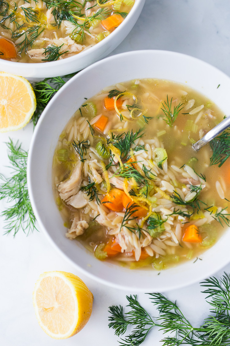 Lemony Chicken Orzo Soup with Dill- a simple easy recipe that can be made with leftover chicken. Healthy, zesty and flavorful! #chickenorzosoup #orzo #chickensoup #dill #orzorecipes #recipe #healthyrecipe #broth