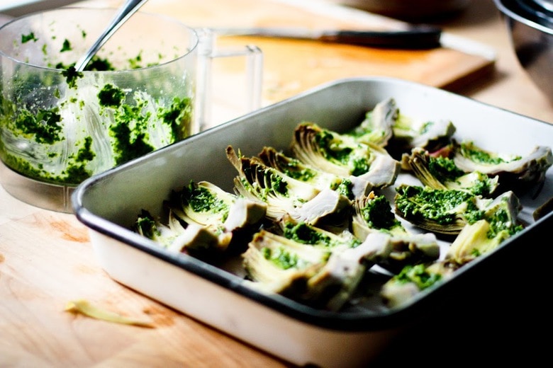 Grilled Artichokes with vegan adaptable Basil Aioli and herb oil - a delicious way to serve artichokes!