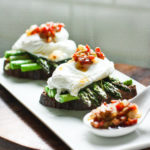 Asparagus and Poached Eggs on toast with warm Bacon Dressing