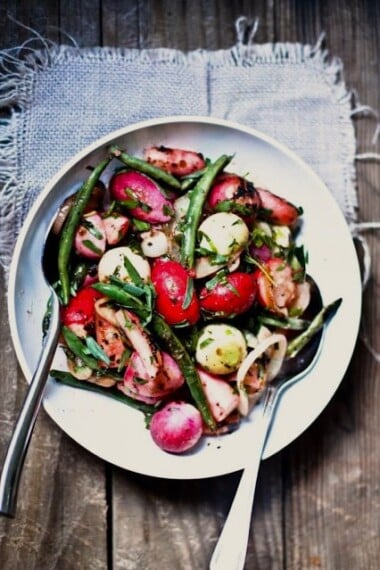 Grilled Radishes with Sweet Onions, Green beans and a simple Tarragon Vinaigrette, a delicious easy Spring recipe| www.feastingathome.com