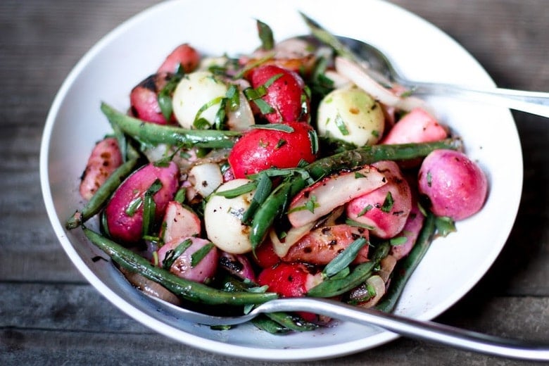 Grilled Radishes with Sweet Onions, Green beans and a simple Tarragon Vinaigrette, a delicious easy Spring recipe| www.feastingathome.com