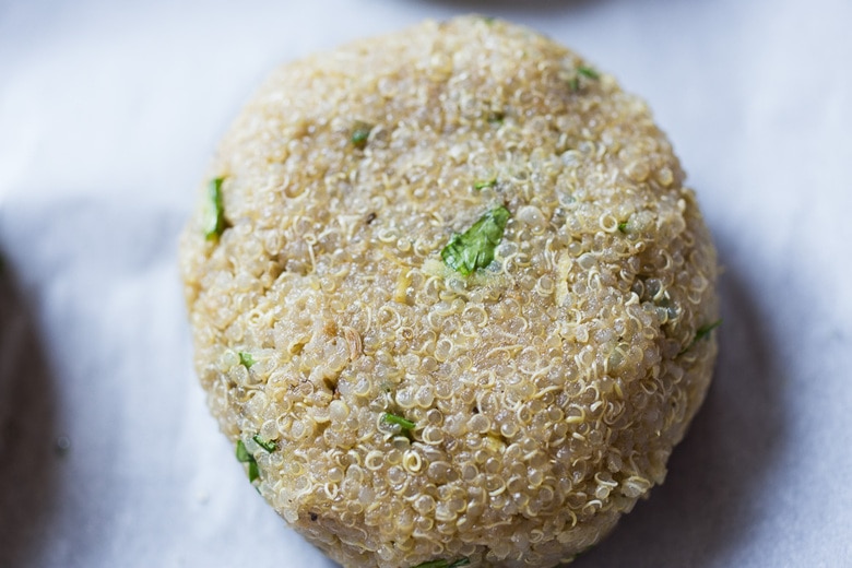 Crispy Vegan Quinoa Cakes with Tomato Chickpea Relish- a delicious, healthy flavorful vegan dinner that is gluten-free.  #quinoacakes #vegan #veganquinoa #veganquinoacakes #veganquinoarecipes #quinoapatties #glutenfree 