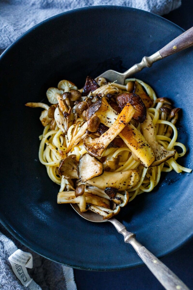 This Miso Pasta recipe is creamy, rich, and full of umami goodness. Topped with sauteed mushrooms, it's an easy weeknight meal in under 30 minutes!