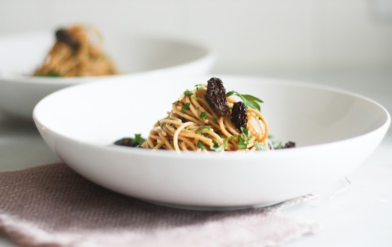 Spaghetti with Morels and Miso Brown Butter Sauce, and simple delicious meal highlighting morel's special flavor. 