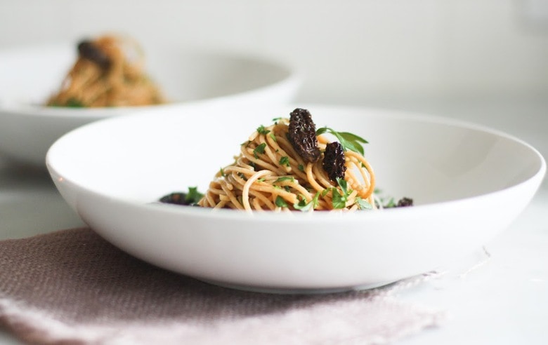 Spaghetti with Morels and Miso Brown Butter Sauce, and simple delicious meal highlighting morel's special flavor.