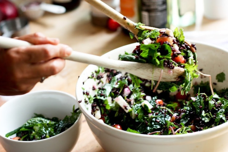 Fresh cherry, black rice and kale salad with haloumi cheese, the perfect summer salad! | www.feastingathome.com