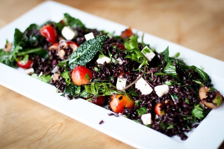 Kale Salad with fresh cherries, black rice, Haloumi and Mint! A simple summer salad that can be made ahead! #cherries #freshcherries #cherrysalad 