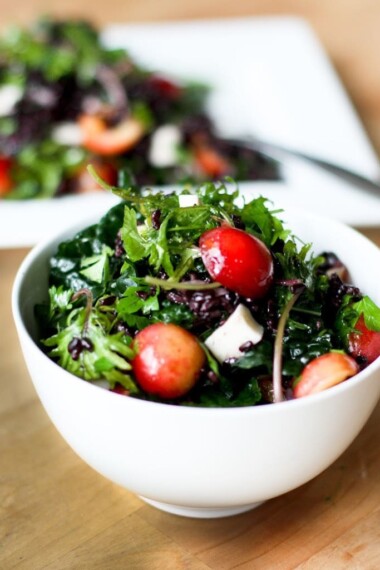 Kale Salad highlighting fresh summer cherries with black rice, halloumi and mint! #farmersmarketrecipes #cherrysalad #cherries #cherryrecipes