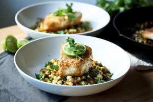 Cornmeal Crusted Fish ( or TOFU) with Fava Bean and Summer Succotash, and lime and cilantro - a delicious meal using fresh farmers market ingredients. | www.feastingathome.com