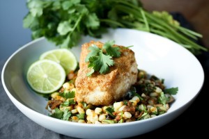 Cornmeal Crusted Fish ( or TOFU) with Fava Bean and Summer Succotash, and lime and cilantro - a delicious meal using fresh farmers market ingredients. | www.feastingathome.com
