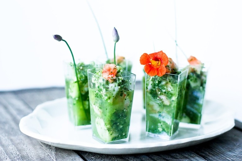 A simple delicious recipe for Shrimp Ceviche Verde. A delicious twist on traditional Shrimp Ceviche, this version is made with fresh tomatillos. A healthy refreshing summer appetizer. #shrimpceviche #shrimp #ceviche #cevicheverde