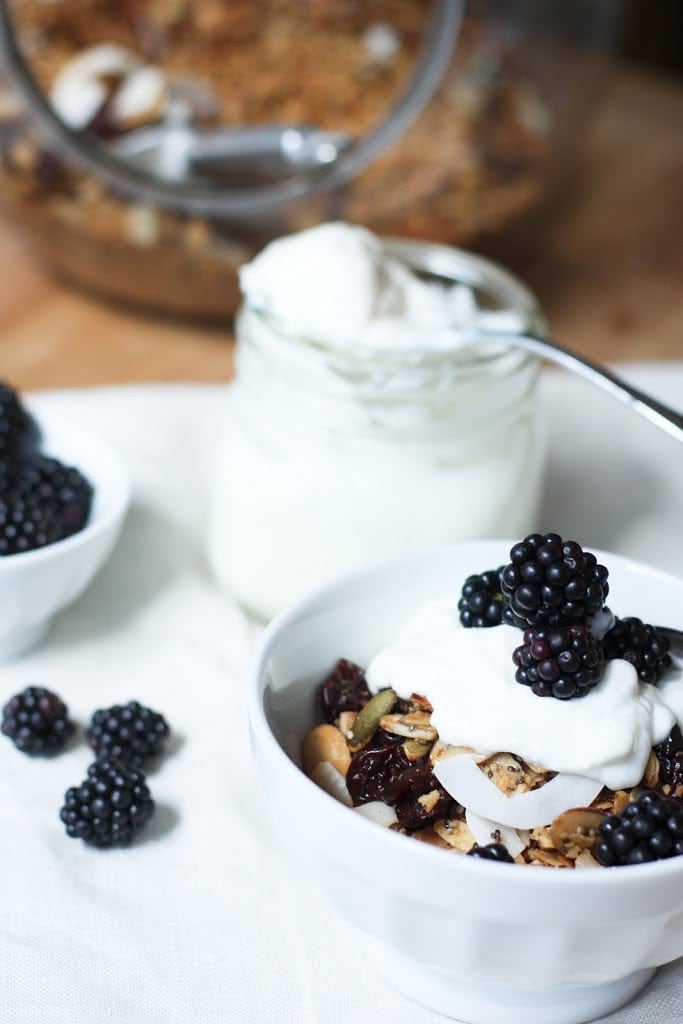 easy healthy granola recipe, homemade in breakfast bowl with yogurt and fresh blackberries. 
