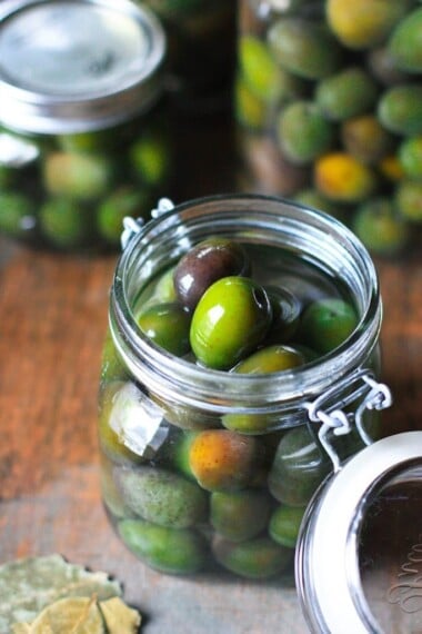 Cured olives in a jar