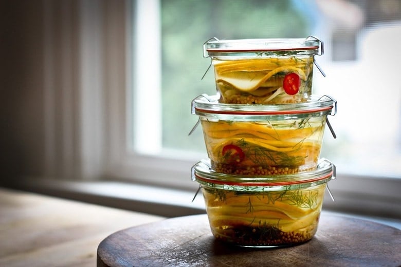 Quick Pickled Summer Squash- a great and easy way to preserve Summers bounty! |www.feastingathome.com