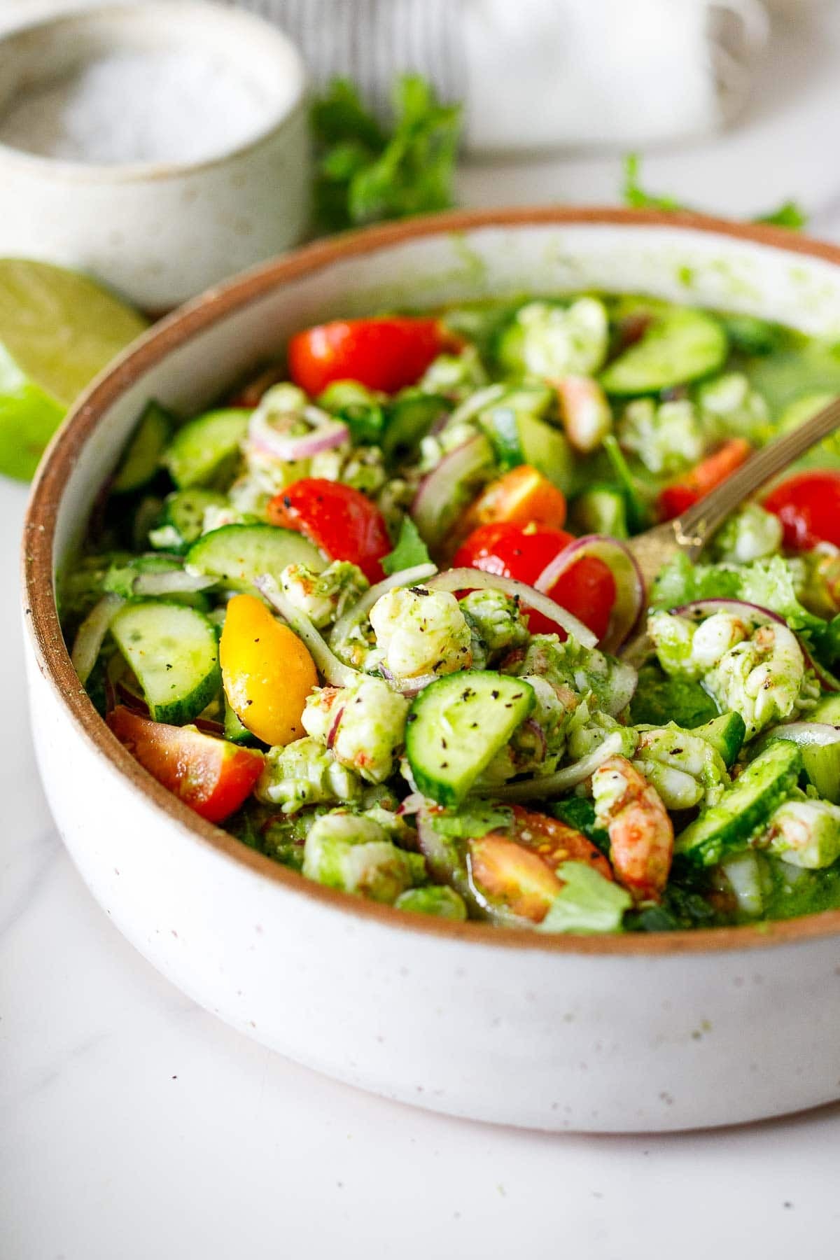 shrimp ceviche verde with red onion, tomato, cucumber in a dish. 