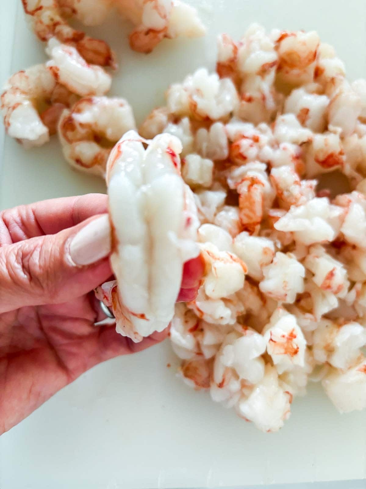 hand holding up shrimp, demonstrating clean, deveined shrimp.