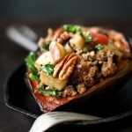 Stuffed Acorn Squash with Sausage, Apple, kale, Parsnips, Pecans and Sage | feastingingathome.com #stuffedsquash #acornsquash #wintersquash #fallrecipes