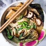 Vegan Ramen with Miso Shiitake Broth- an easy healthy ramen with mushrooms, tofu, Bok Choy and scallions. Plus a simple tip to making this "creamy". #veganramen #easyramen #bestramen #vegetarianramen #ramen