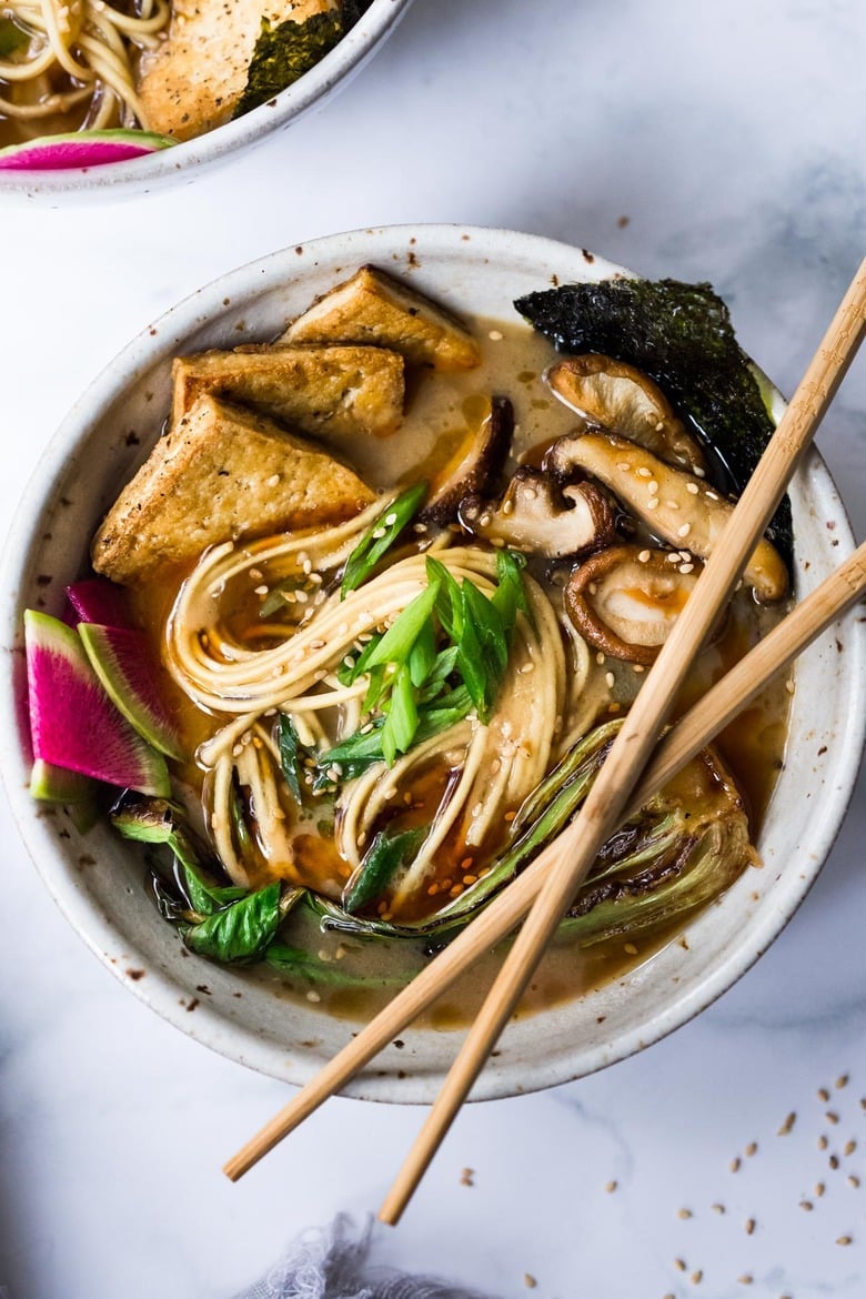 Vegan Ramen with Miso Shiitake Broth- an easy healthy ramen with mushrooms, tofu, Bok Choy and scallions. Plus a simple tip to making this "creamy". #veganramen #easyramen #bestramen #vegetarianramen #ramen