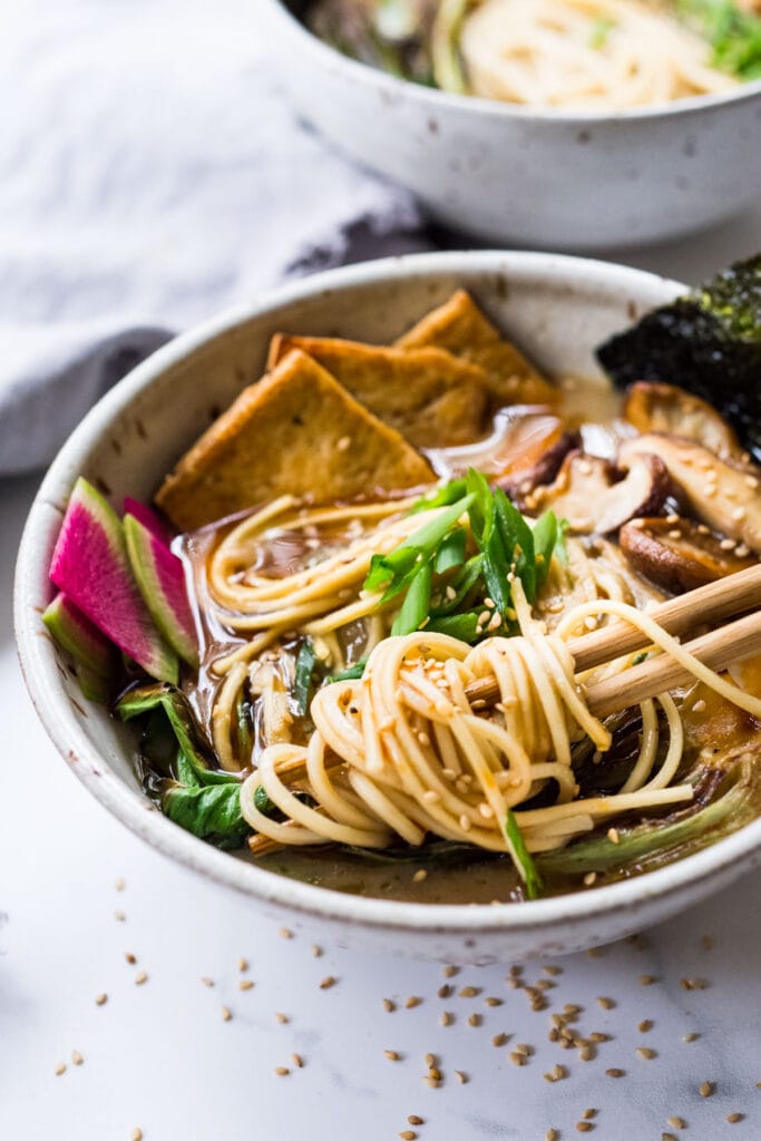 50 Delicious Tofu Recipes: Vegan Ramen with Miso Shiitake Broth.