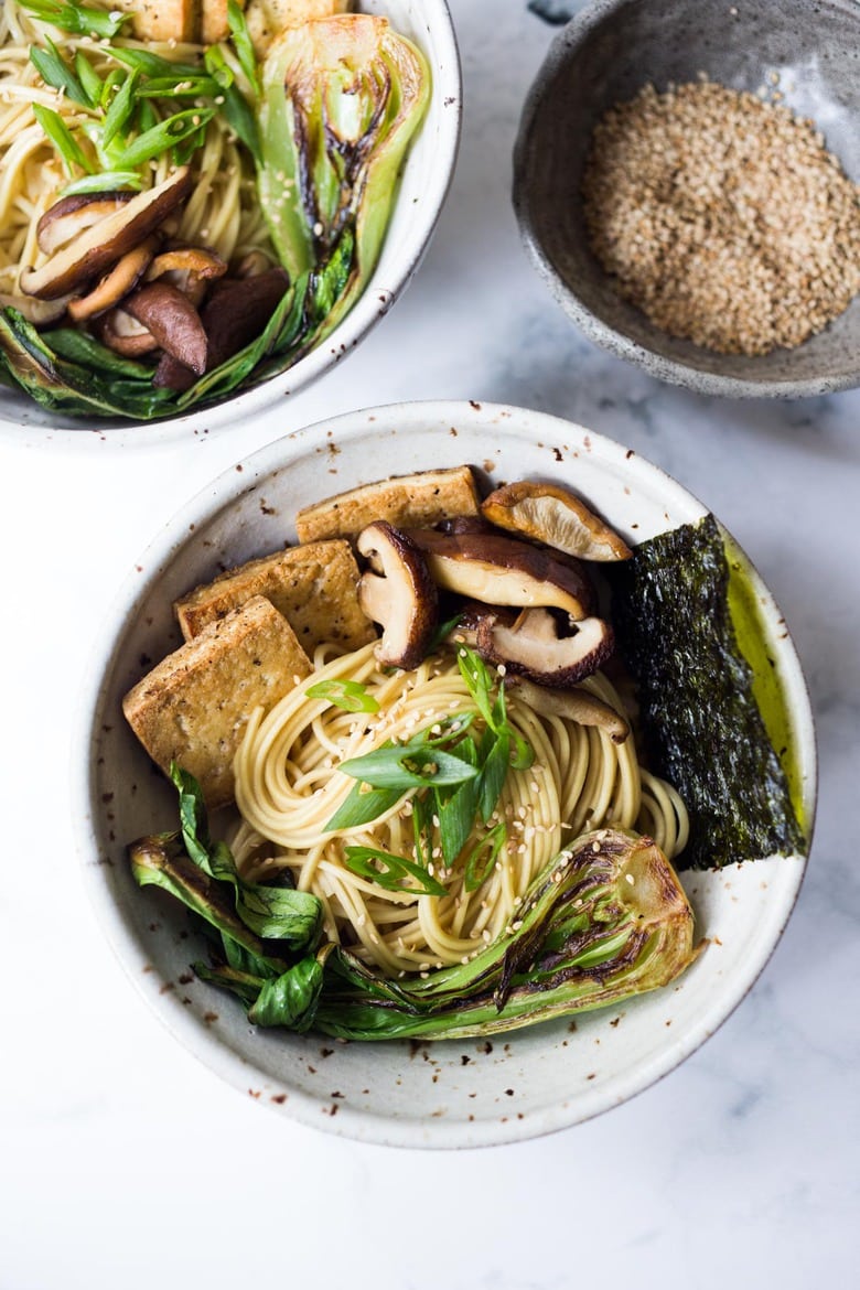 Vegan Ramen with Miso Shiitake Broth- an easy healthy ramen with mushrooms, tofu, Bok Choy and scallions. Plus a simple tip to making this "creamy". #veganramen #easyramen #bestramen #vegetarianramen #ramen