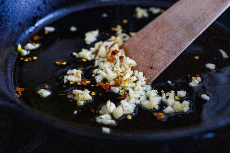 sautéing garlic and chili flakes 