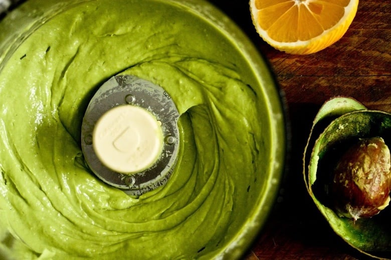Avocado pasta sauce in the food processor.