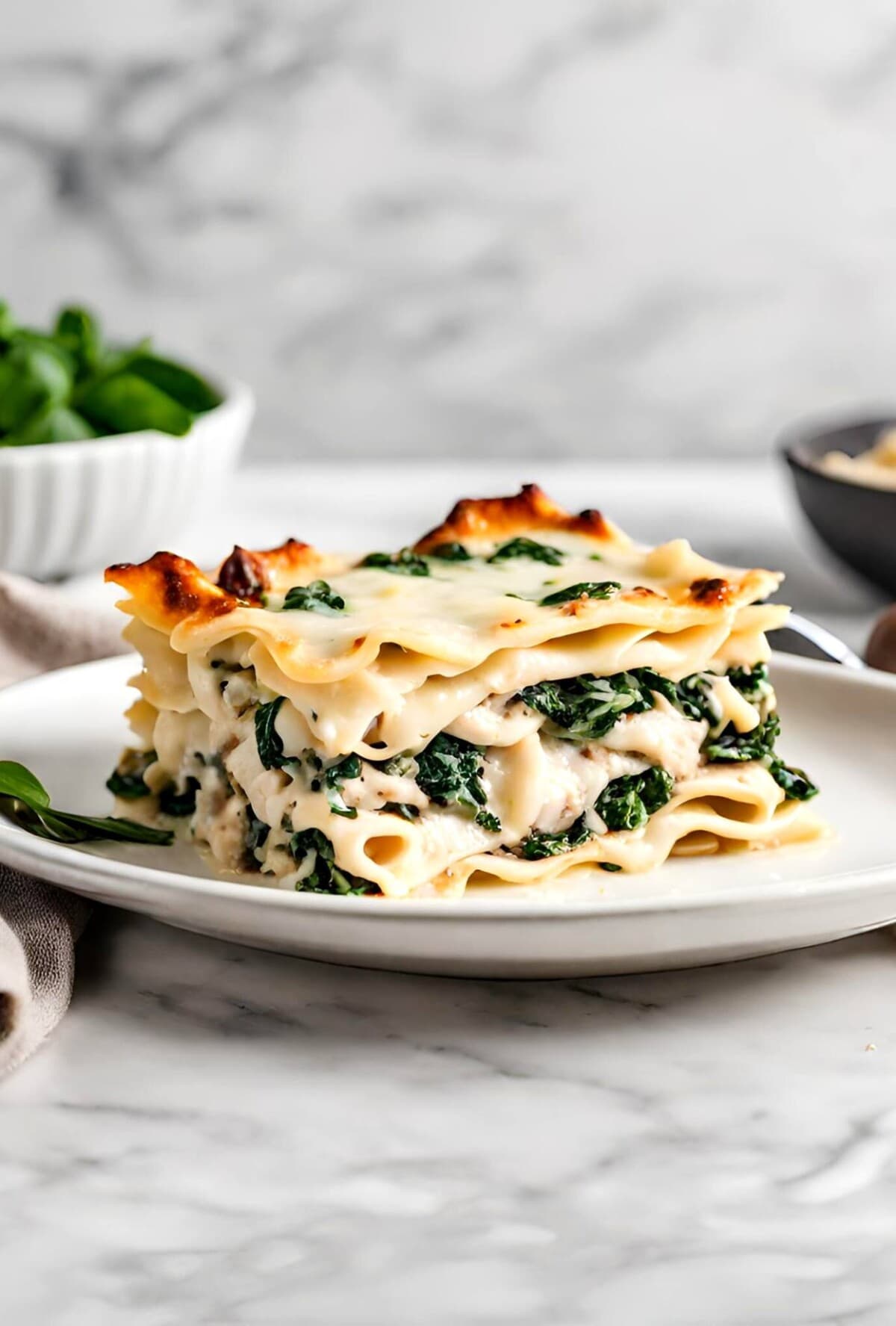 A delicious recipe for creamy Chicken Lasagna with mushrooms, spinach and rosemary layered with a creamy bechamel sauce. Vegetarian-adaptable. See notes for making ahead. 