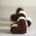 Heart shaped ice cream sandwiches with a bittersweet double chocolate cookie...make an easy valentine treat. #icecreamsandwich #valentines #icecream
