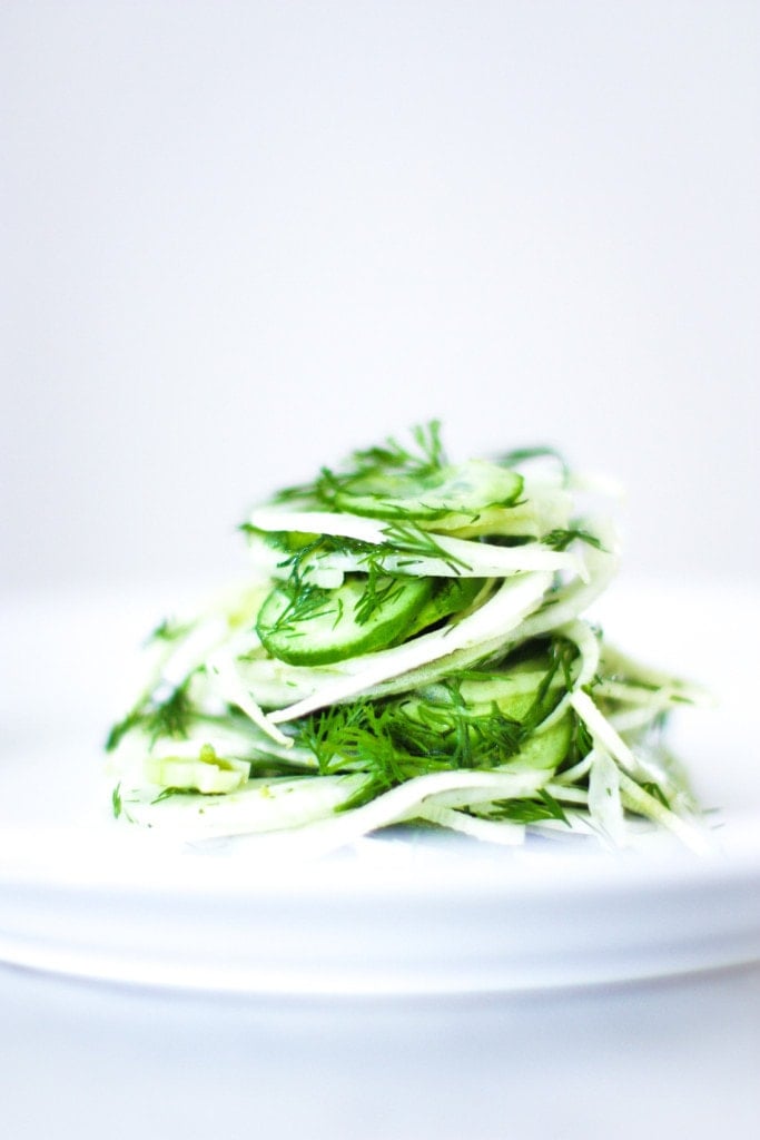 Simple, delicious Shaved Fennel Salad with dill, cucumber and Meyer Lemon. Refreshing and light, this pairs very well with simple roasted salmon. | www.feastingathome.com # fennel #fennelslaw