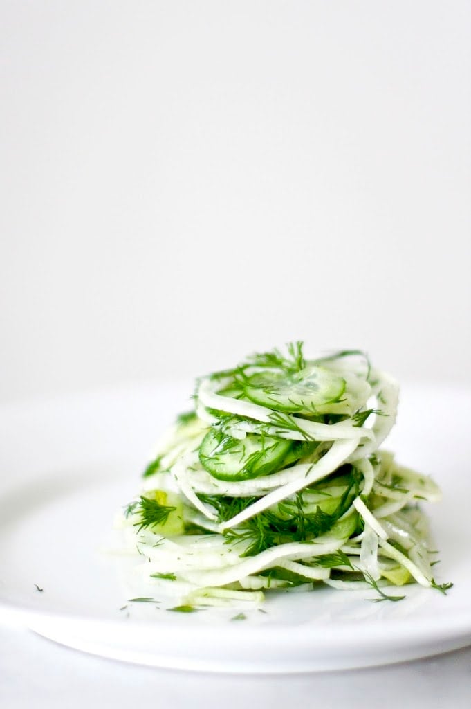 Simple, delicious Fennel Salad with cucumber and fresh Dill. Refreshing and light, this vegan salad can be made ahead, and pairs with so many things! #fennelsalad #fennel #vegansalad #plantbased #fennelslaw