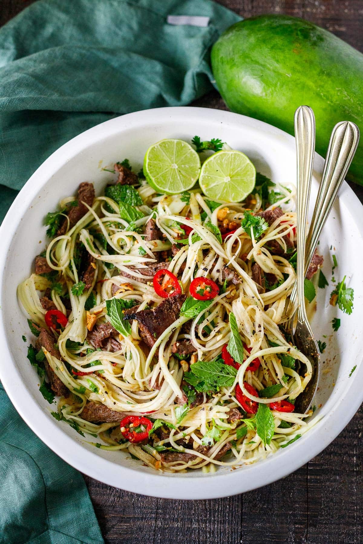 salad bowl with green papaya salad with grilled beef, fresh herbs, and red chilies. 