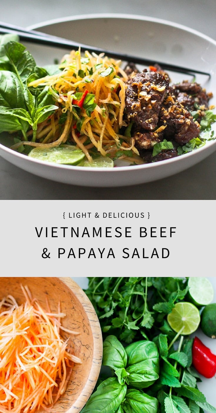 Light and refreshing, Vietnamese Beef and Green Papaya Salad- full of amazing flavor this salad is simple to make using fresh authentic Vietnamese ingredients! #greenpapayasalad #vietnamesesalad #greenapapaya #lemongrass #vietnamese