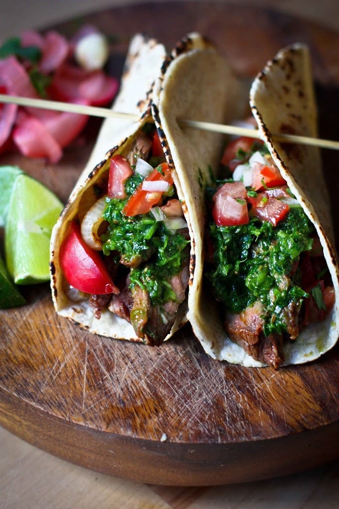 The Best Grilled Beef Recipes | Grilled Steak Tacos with flavorful Cilantro Chimichurri Sauce, Pico de Gallo and pickled radishes! A tasty Mexican feast!