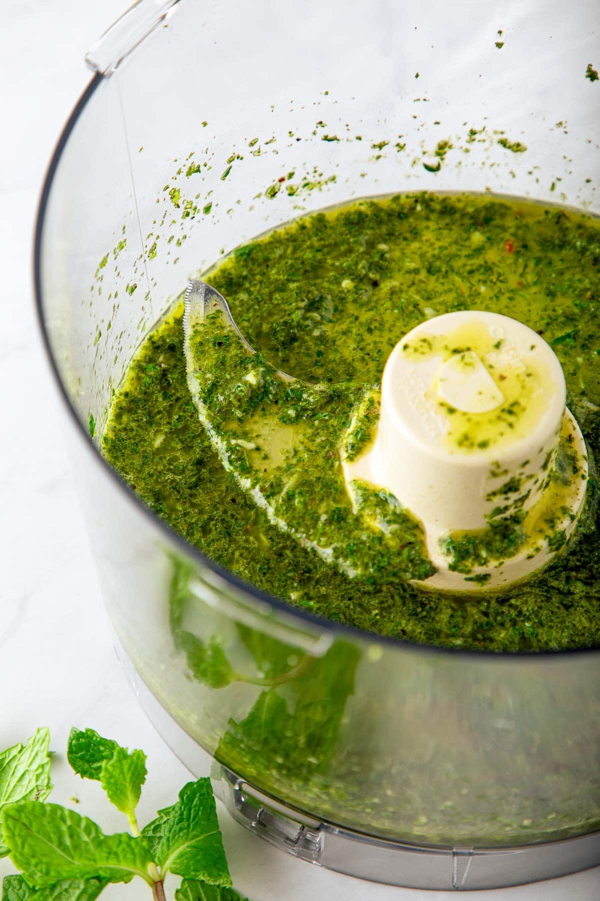 food processor with mint dressing, which retains some of the texture of the herbs.