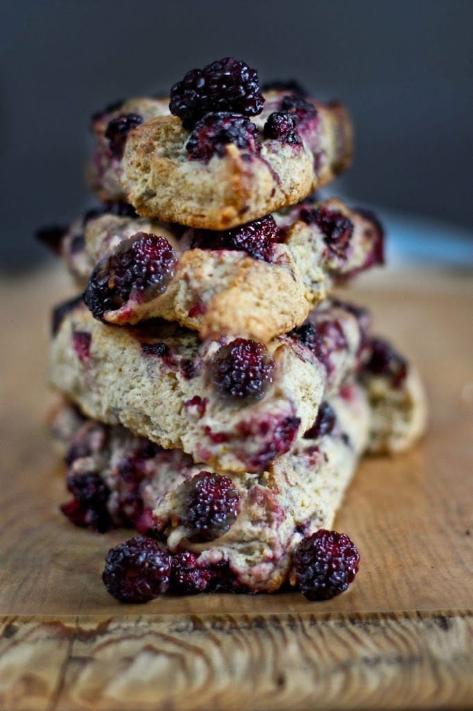 Blackberry Sourdough Scones with Lemony Glaze- plus a little baking tip to help keep blackberries in tact! | www.feastingathome.com