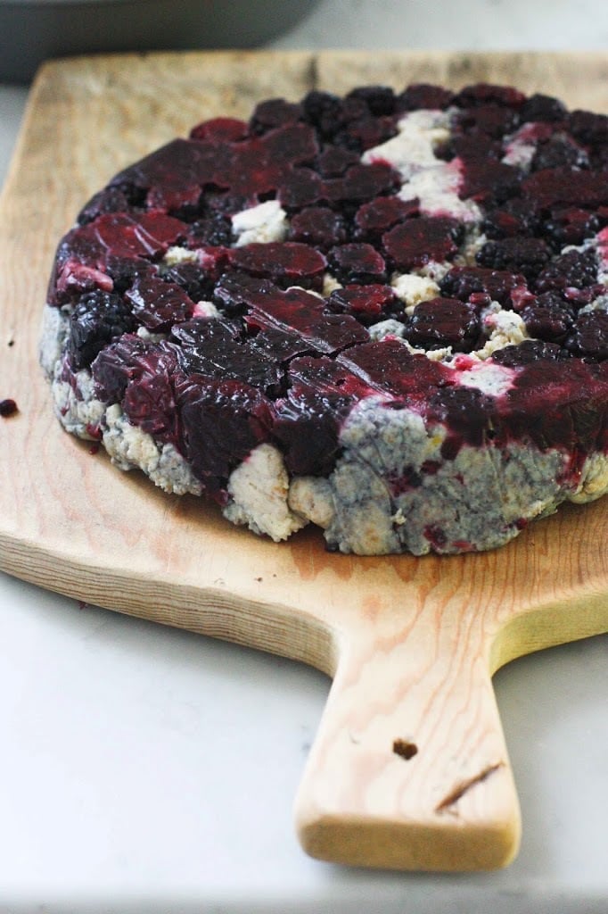 Blackberry Sourdough Scones with Lemony Glaze- plus a little baking tip to help keep blackberries in tact! | www.feastingathome.com