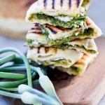 Grilled Naan  filled with an Indian-style, Garlic Scape Chutney and optional melty cheese- a delicious appetizer! Easy, step-by step instructions, perfect every time! Full of great flavor!