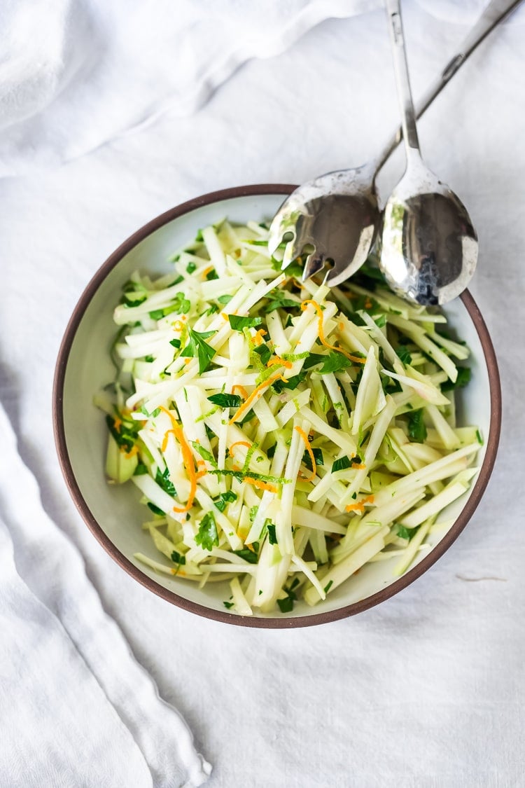 Delicious and refreshing Kohlrabi Slaw with cilantro, jalapeño and lime! Vegan, GF | www.feastingathome.com #kohlrabi #kohlrabirecipes #kohlrabislaw #kohlrabirecipe #kohlrabisalad