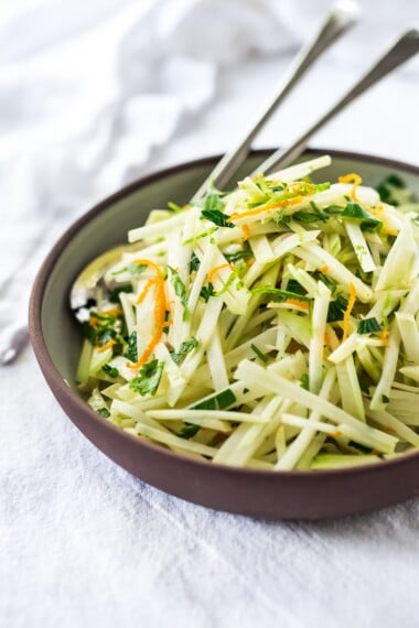 Delicious and refreshing Kohlrabi Slaw with cilantro, jalapeño and lime! Vegan, GF | www.feastingathome.com #kohlrabi #kohlrabirecipes #kohlrabislaw #kohlrabirecipe #kohlrabisalad